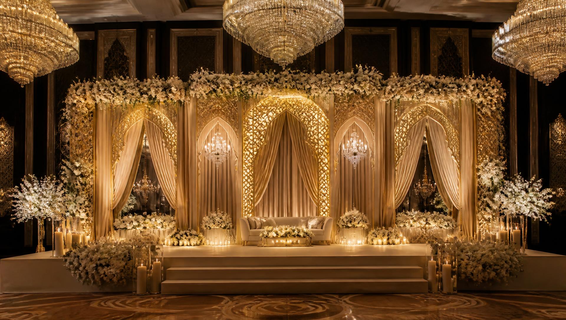 Luxury wedding stage setup by Al Qaim Event Management Services